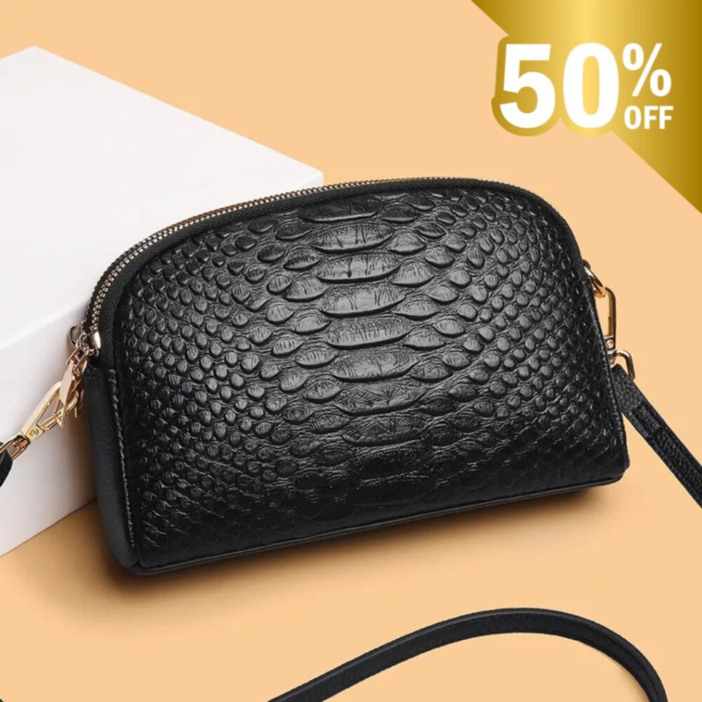 Black Crocodile-Embossed Genuine Leather Crossbody Bag with Detachable Strap